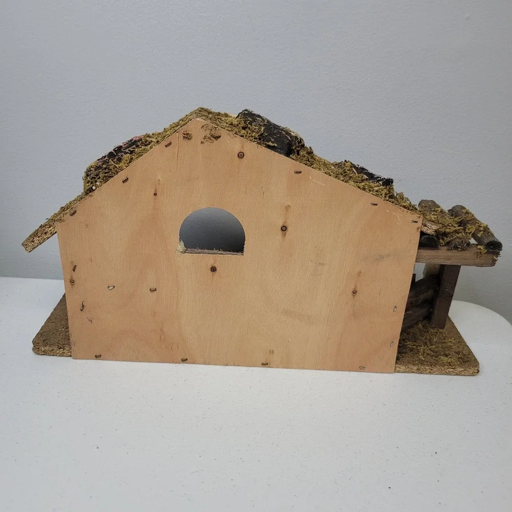 Ceramic Nativity‎ Wooden Moss Manger Religious Scene Handmade Vintage Mixed Race